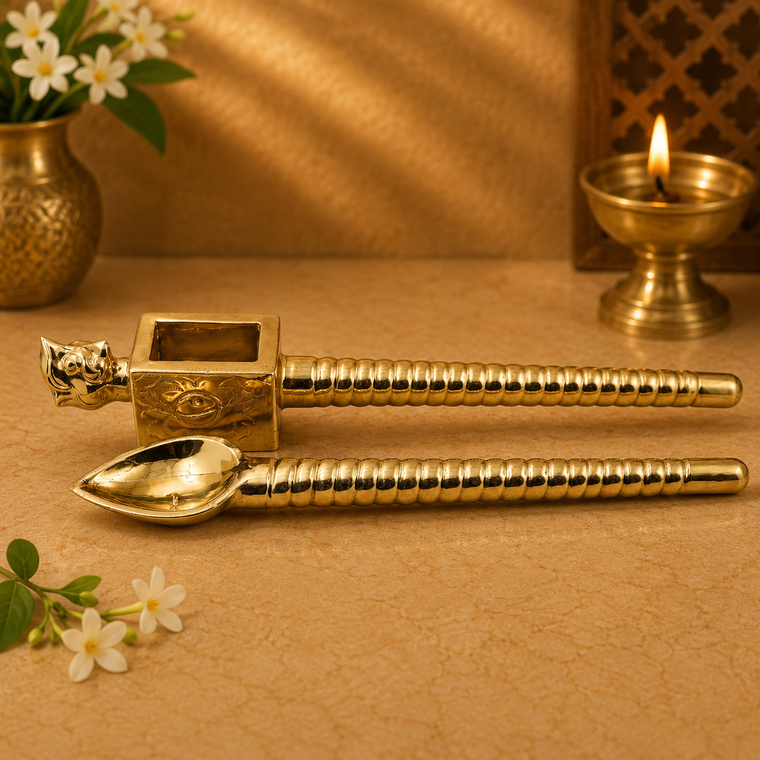 Brass Havan Sruk with Yali Face – Traditional Peetal Homa Spoon for Yagna, Agnihotra, Vedic Rituals &amp; Temple Pooja (Set of 2) 19 Inch
