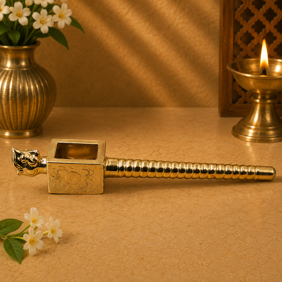 Brass Havan Sruk with Yali Face – Traditional Peetal Homa Spoon for Yagna, Agnihotra, Vedic Rituals &amp; Temple Pooja 19 Inch
