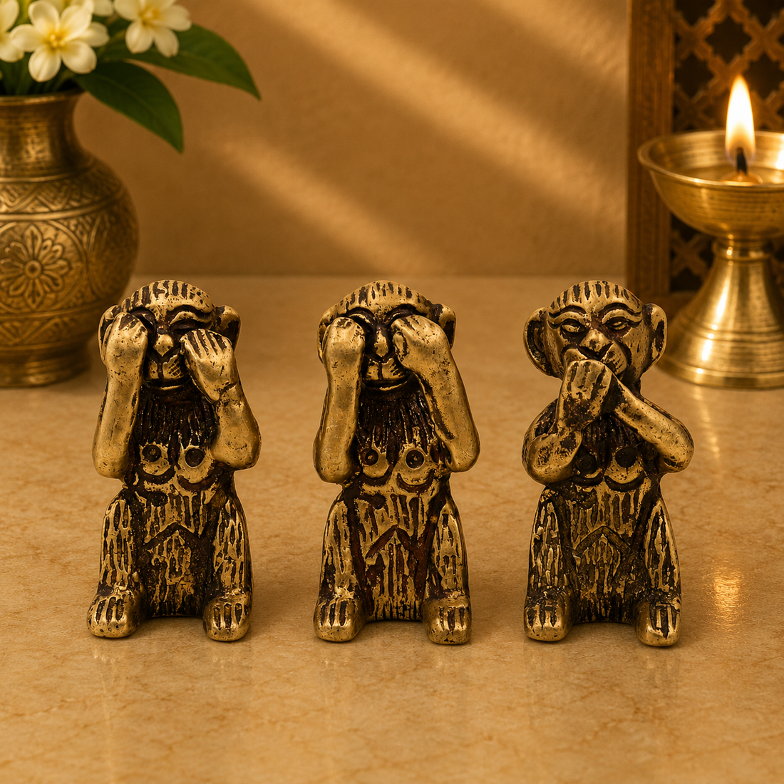 Brass Three Wise Monkeys Idol – Gandhiji Ke Teen Bandar Statue for Home Décor, Office Desk &amp; Gifting  2 Inch