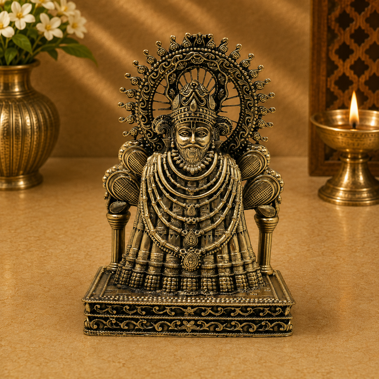Brass Khatu Shyam Idol – Shyam Baba Murti for Puja, Home Mandir &amp; Spiritual Décor 5 Inch