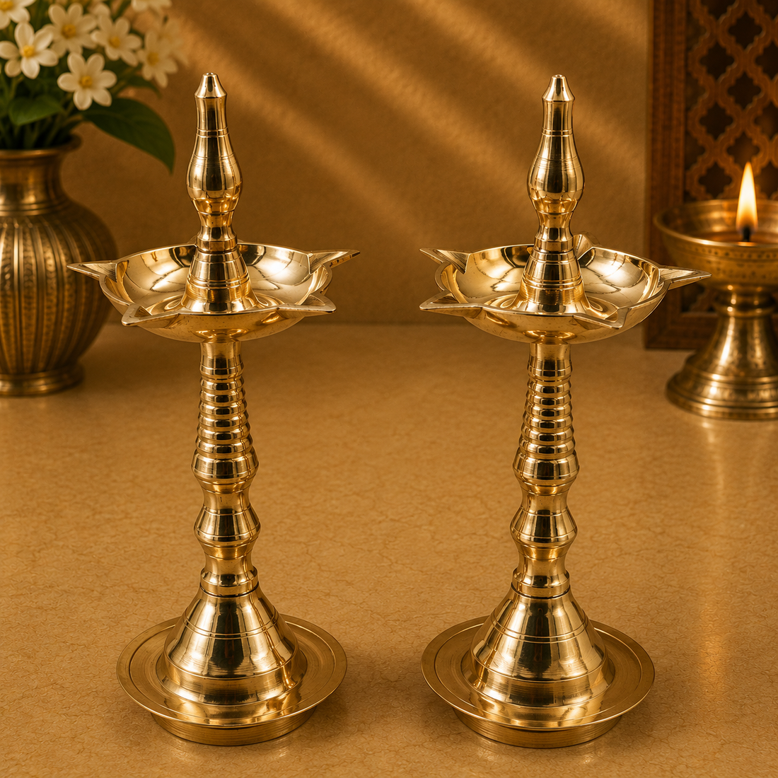 Handcrafted Brass Deepam Diya – Traditional Kuthu Vilakku Samai, Nilavilakku Oil Lamp for Puja, Aarti &amp; Temple Décor 14 Inch (set of 2)