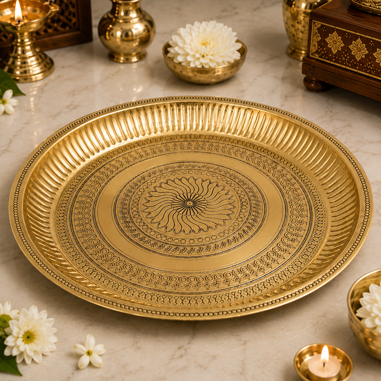Brass Pure Peetal Thali Pooja Aarti for Mandir – Peetal Pooja Plate for Hindu Worship &amp; Temple Rituals 11.5 Inch