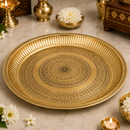 Brass Pure Peetal Thali Pooja Aarti for Mandir – Peetal Pooja Plate for Hindu Worship &amp; Temple Rituals 11.5 Inch