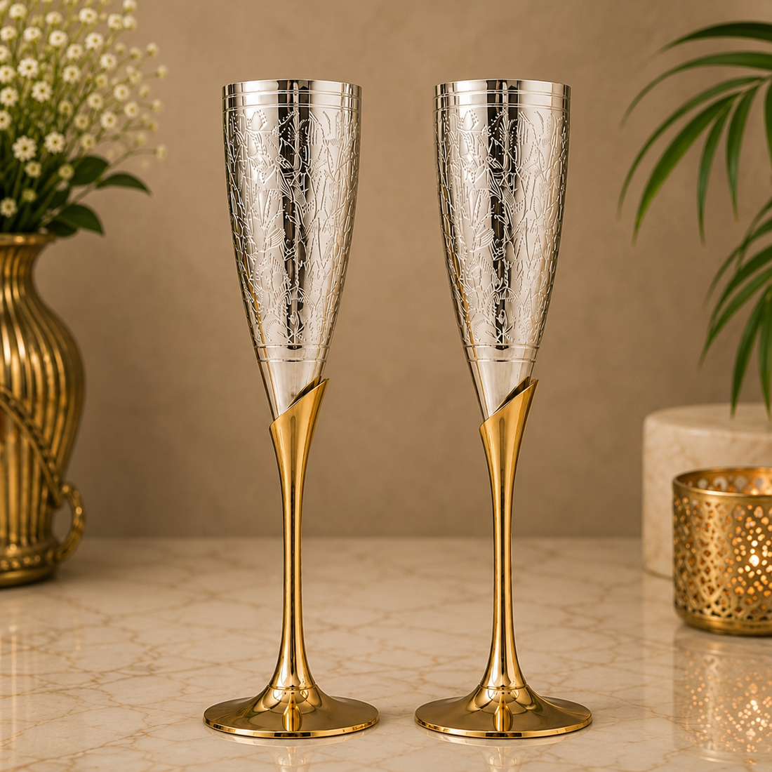 Brass Wine Glass Set of 2 – Handcrafted Traditional Peetal Goblet Glasses for Home, Royal Dining Décor &amp; Gifting 9.5 Inch