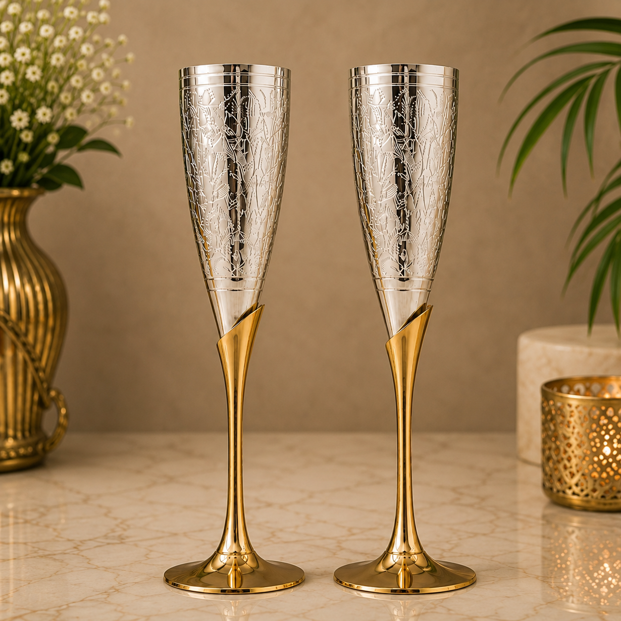 Brass Wine Glass Set of 2 – Handcrafted Traditional Peetal Goblet Glasses for Home, Royal Dining Décor &amp; Gifting 9.5 Inch