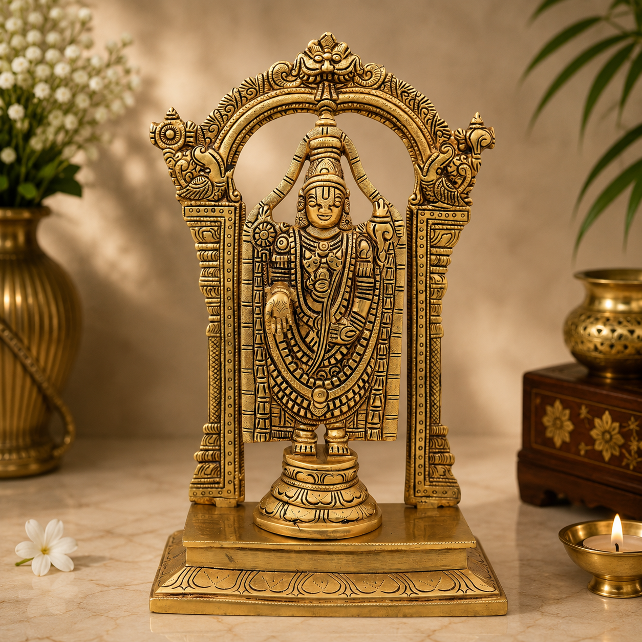 Brass Venkateswara Balaji Srinivasa Idol with Prabhavali Chowki – Tirupati Balaji Statue for Puja &amp; Home Mandir 12 Inch