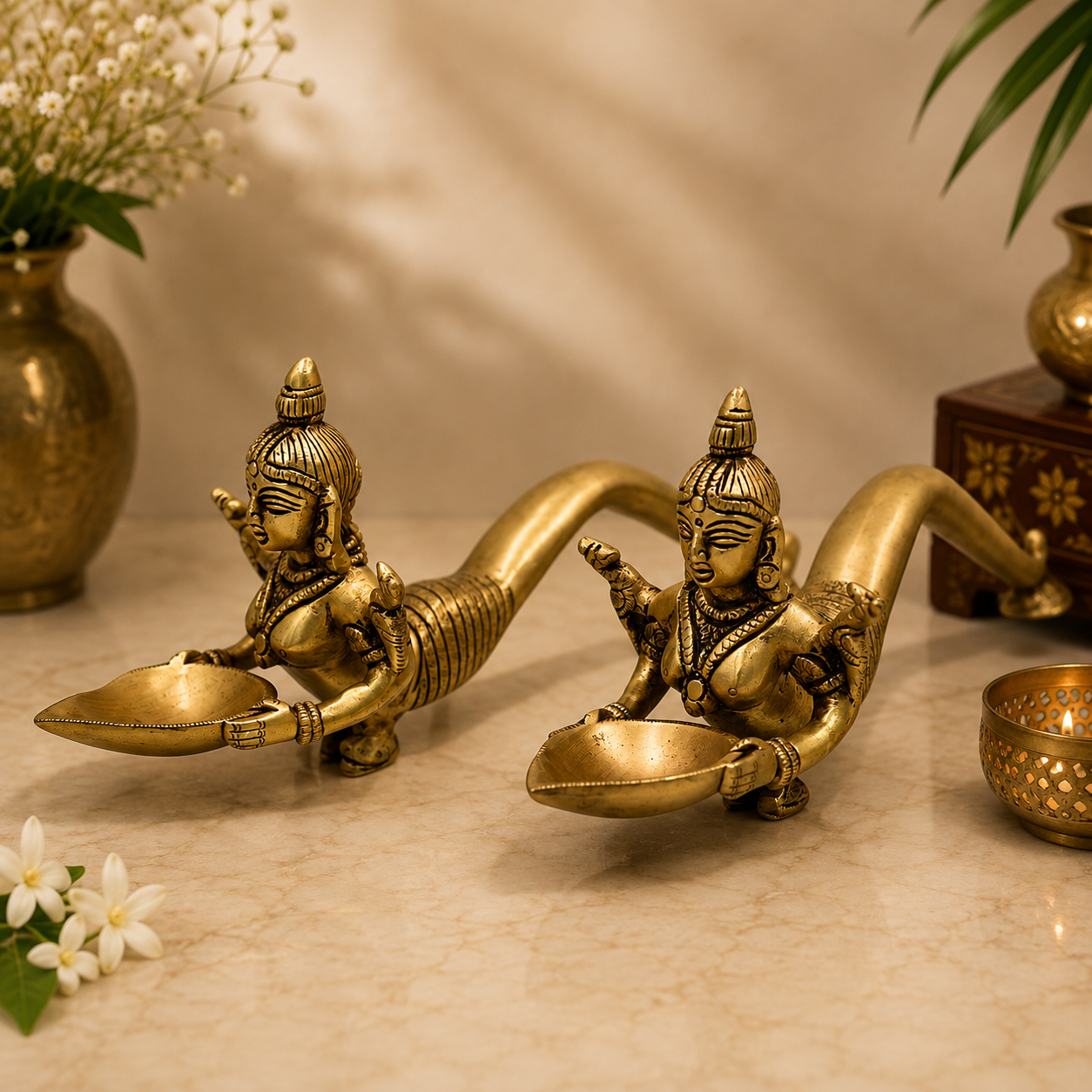 Brass Handcrafted Aarti Diya set of 2 – Traditional Pooja Oil Lamp (Peetal Deepak) for Aarti, Puja &amp; Home Mandir Décor 3 Inch