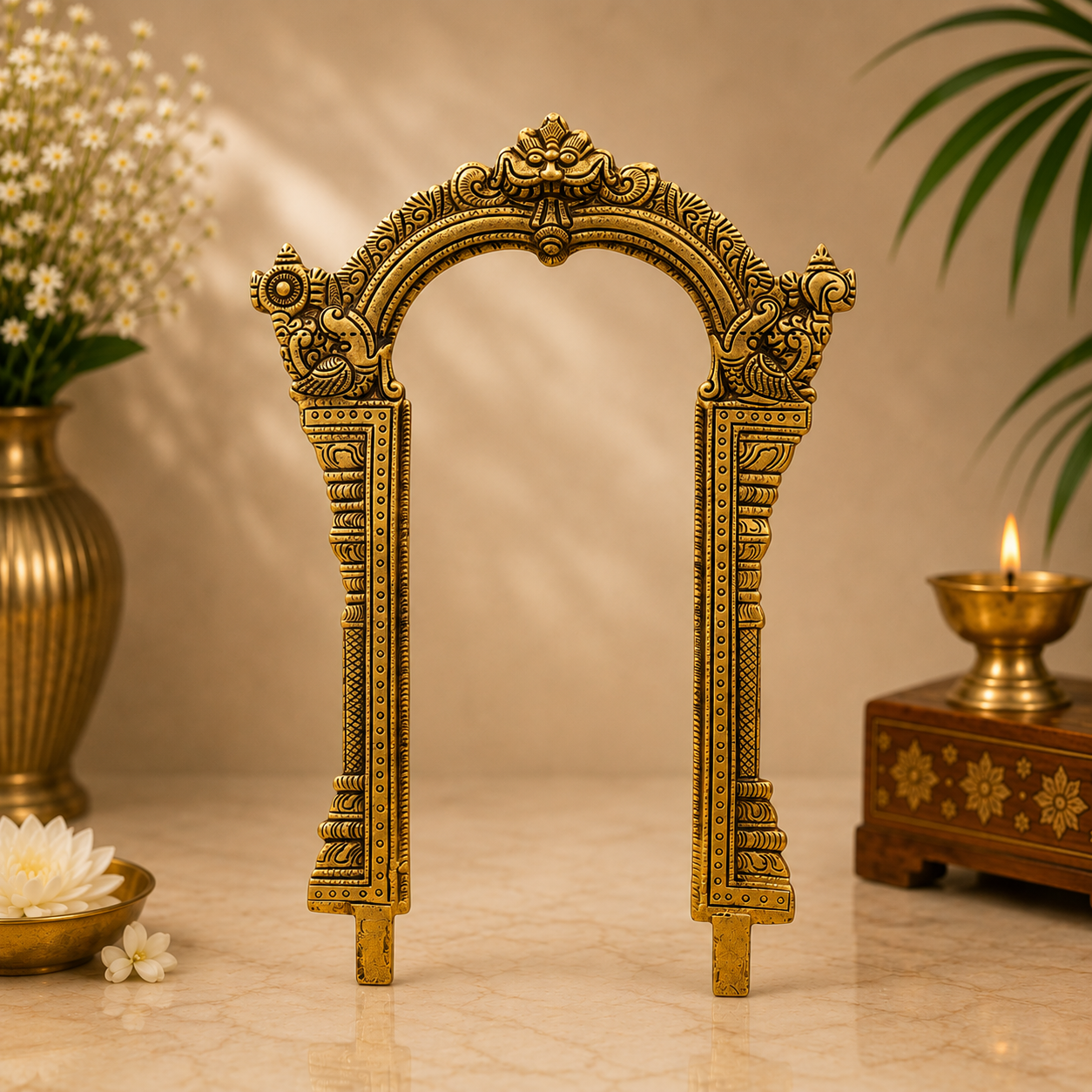 Brass Prabhavali for God Idols – Handcrafted Arch Backdrop Wall Hanging for Home Temple, Deity Décor &amp; Spiritual Ambience 12 Inch