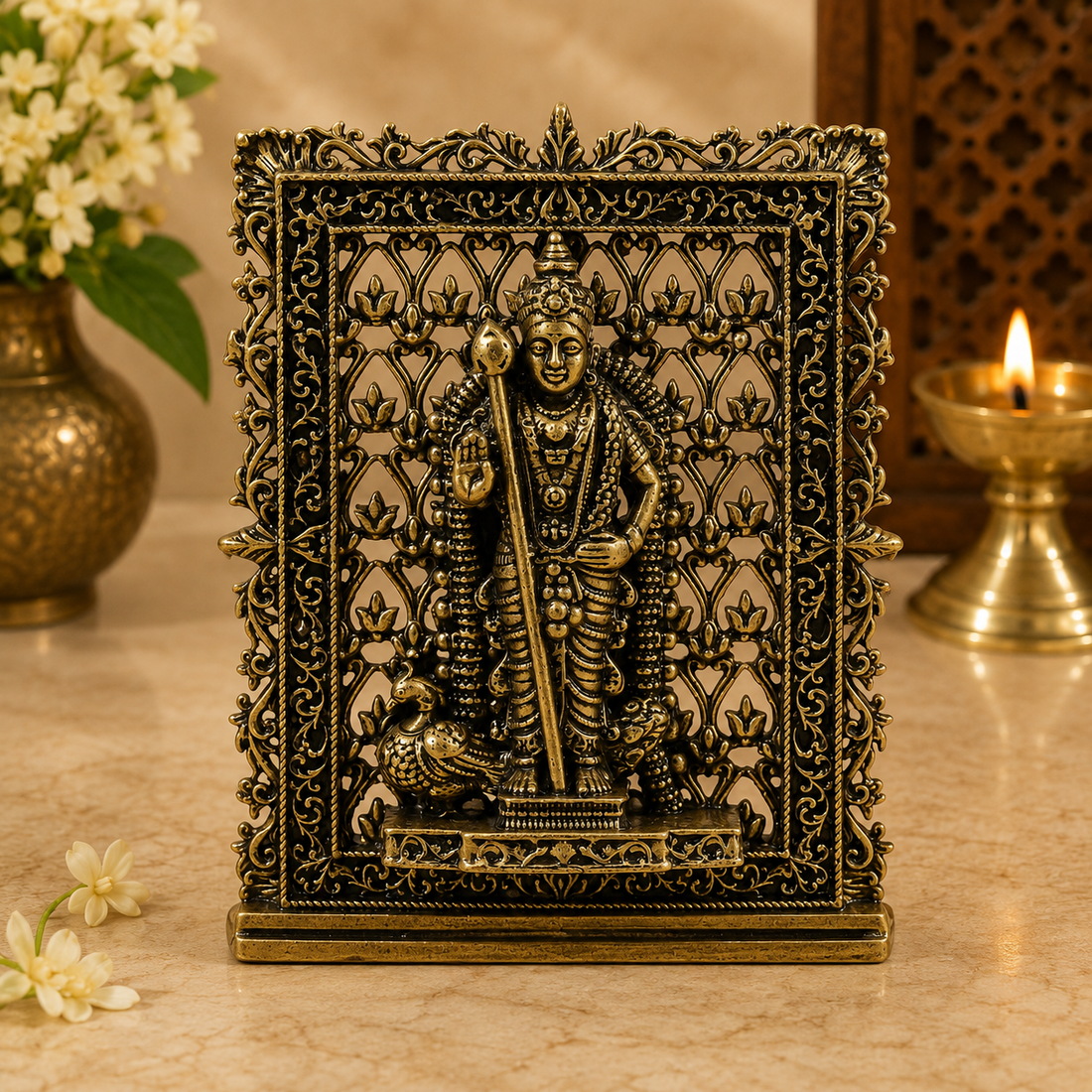 Brass Kartikeya (Murugan) Panel – Fine Handcrafted Lord Murugan Wall Plaque for Car Dashboard, Home Décor &amp; Spiritual Blessings 3 Inch