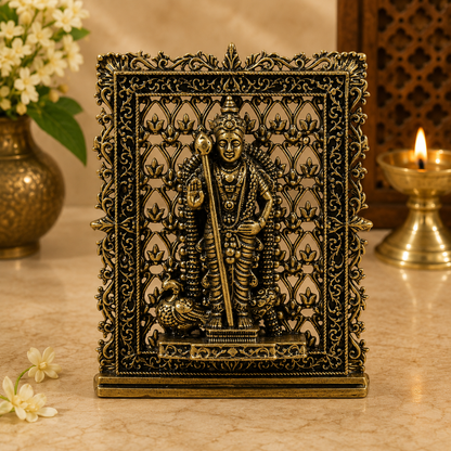 Brass Kartikeya (Murugan) Panel – Fine Handcrafted Lord Murugan Wall Plaque for Car Dashboard, Home Décor &amp; Spiritual Blessings 3 Inch