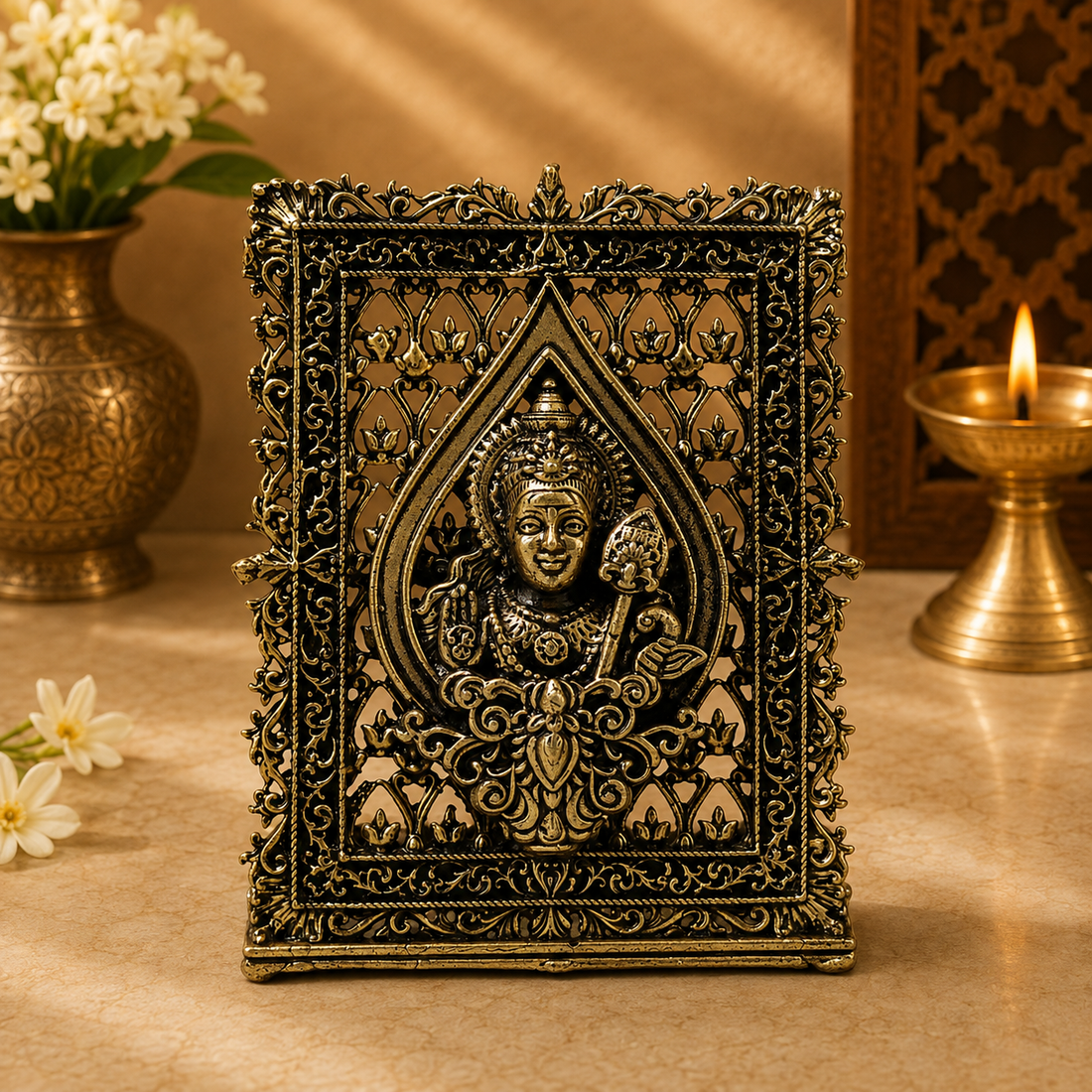 Brass Kartik (Murugan) Panel – Fine Handcrafted Lord Murugan Wall Plaque for Car Dashboard, Home Décor &amp; Spiritual Blessings 3 Inch