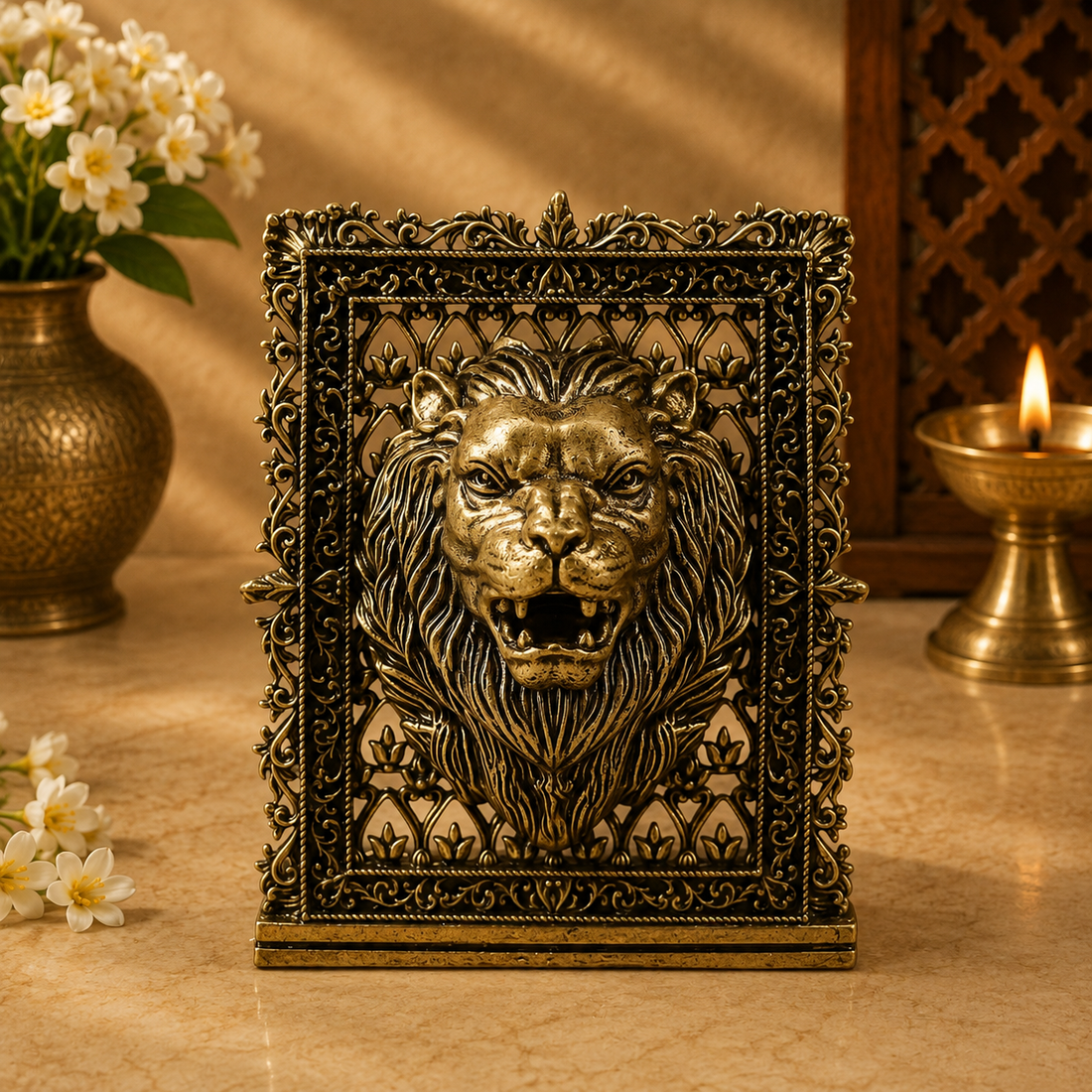 Brass Lion Face Panel – Fine Handcrafted Simha Mukh Wall Plaque for Car Dashboard, Home Décor &amp; Spiritual Protection 3 Inch