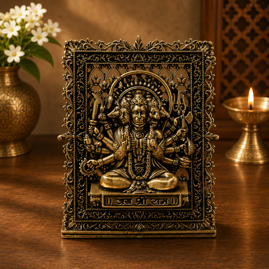 Brass Panchmukhi Hanuman Idol – Fine Handcrafted Bajrangbali Murti for Car Dashboard, Home Mandir, Pooja &amp; Spiritual Protection 3 Inch