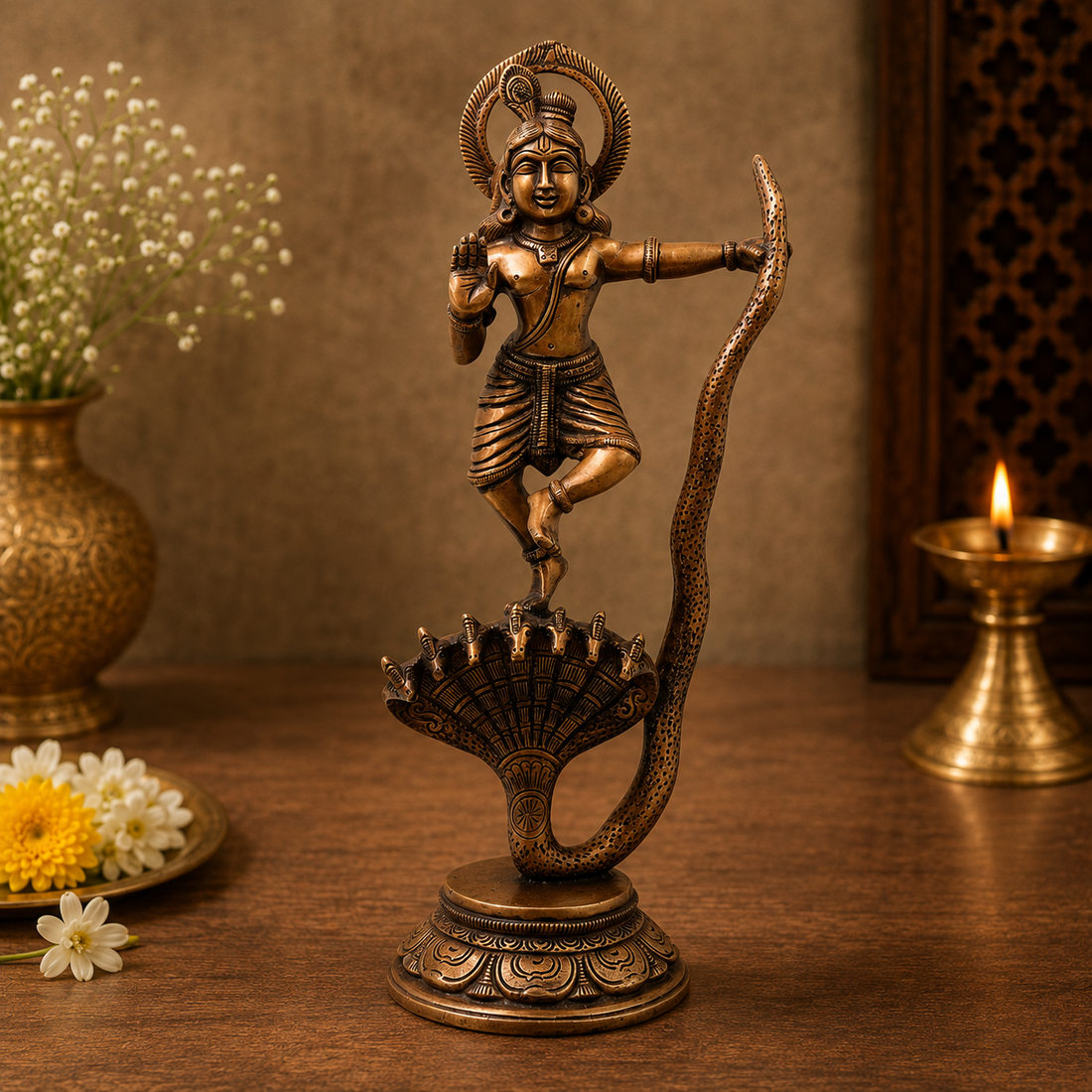 Brass Krishna Kaliya Daman Idol – Handcrafted Chola Style Kaliya Daman Govinda Murti for Pooja, Home Mandir, Décor &amp; Spiritual Gifting 14 Inch