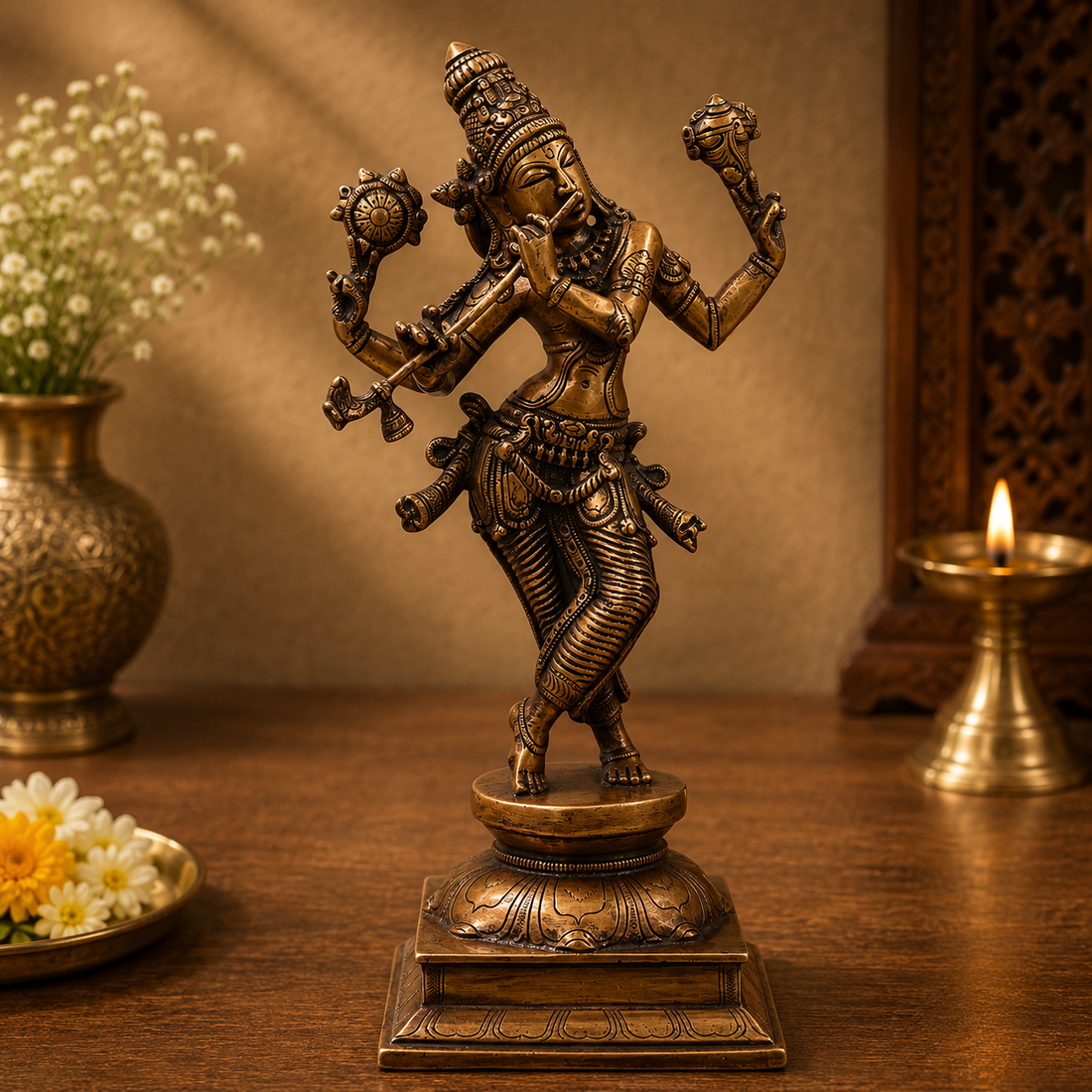 Brass Krishna Idol – Handcrafted Chola Style Venugopala Govinda Murti for Pooja, Home Mandir, Décor &amp; Spiritual Gifting 15 Inch