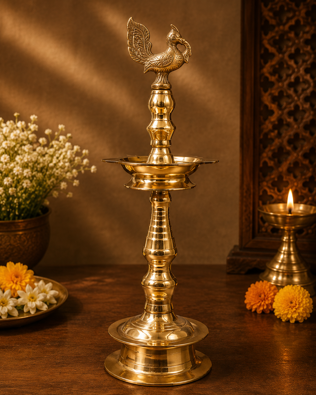 Handcrafted Brass Kuthu Vilakku – Traditional Deepam Diya Lamp for Pooja, Temple &amp; Home Décor 15.5 Inch