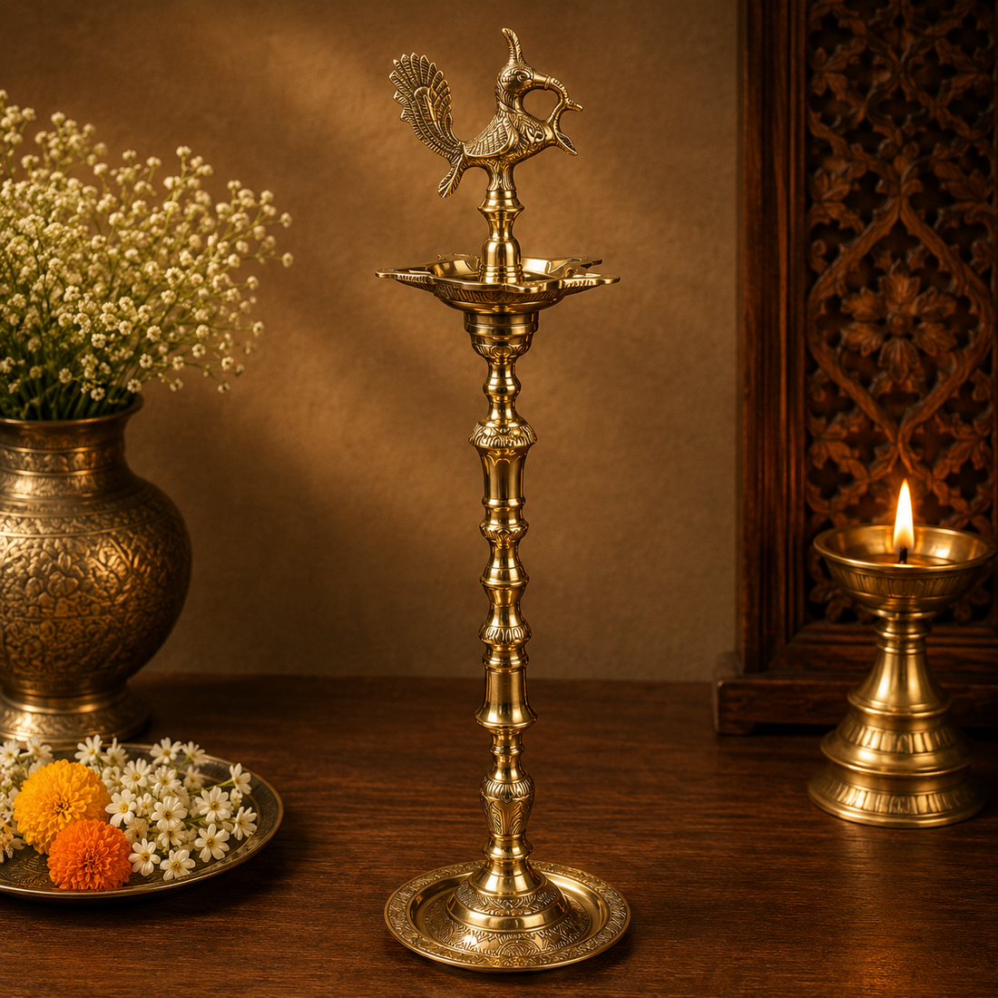 Traditional Handcrafted Brass Kuthu Vilakku – Traditional Deepam Diya Lamp for Pooja, Temple &amp; Home Décor 39 Inch