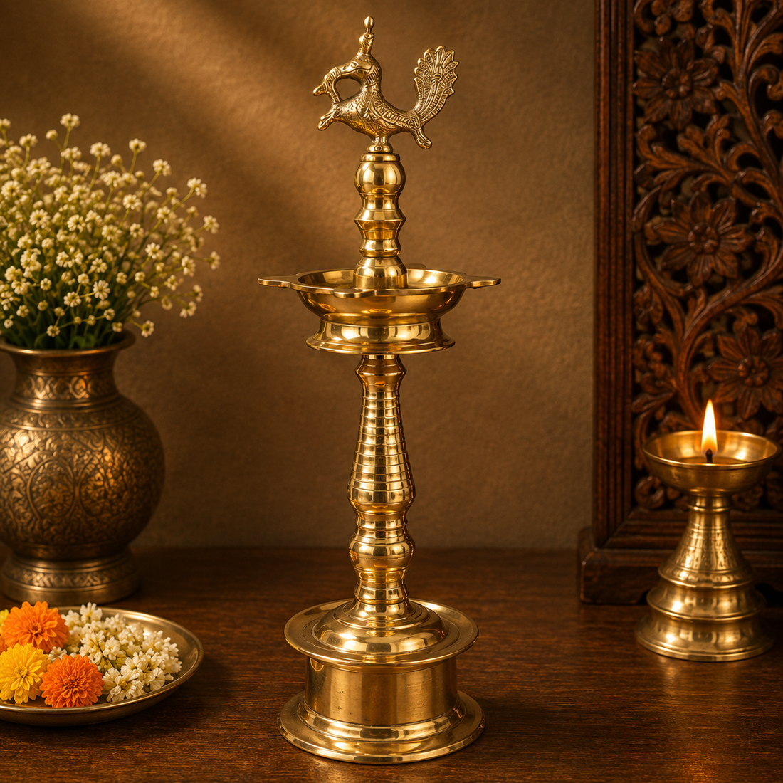 Handcrafted Brass Kuthu Vilakku – Traditional Diya Lamp for Pooja, Temple &amp; Home Décor 21.5 Inch