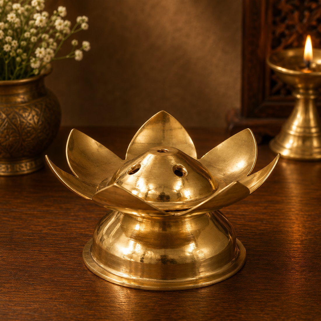 Brass Lotus Agarbatti Holder – Peetal Incense Stick &amp; Dhoopbatti Stand for Pooja Room, Temple &amp; Home Décor 1.5 Inch