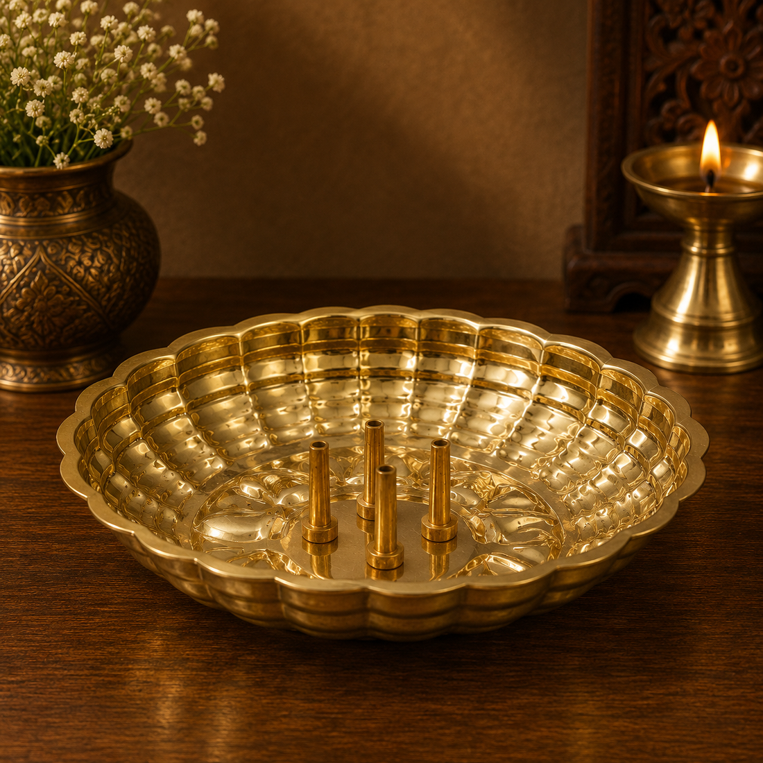 Handcrafted Brass Agarbatti Holder Plate – Peetal Incense Stick &amp; Dhoopbatti Stand for Pooja Room, Temple &amp; Home Décor 1 Inch