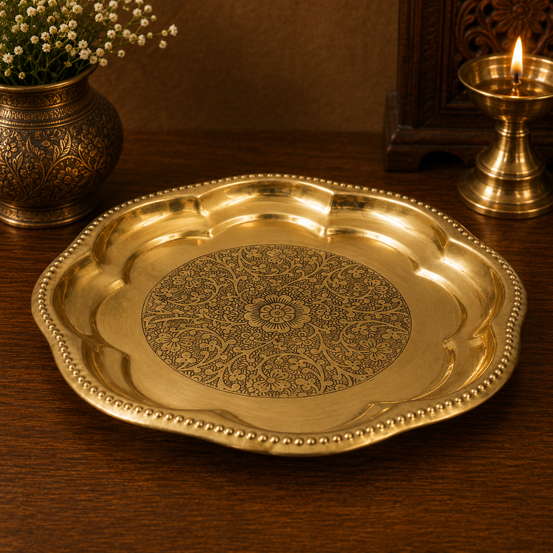 Traditional Brass Pooja Thali for Mandir – Peetal Pooja Plate (Pital Puja Thambalam) for Hindu Worship &amp; Temple Rituals 7.5 Inch