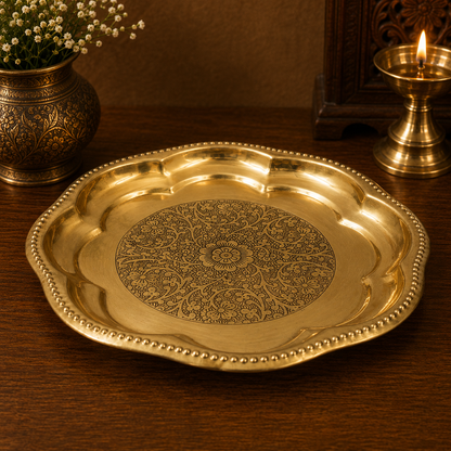 Traditional Brass Pooja Thali for Mandir – Peetal Pooja Plate (Pital Puja Thambalam) for Hindu Worship &amp; Temple Rituals 7.5 Inch