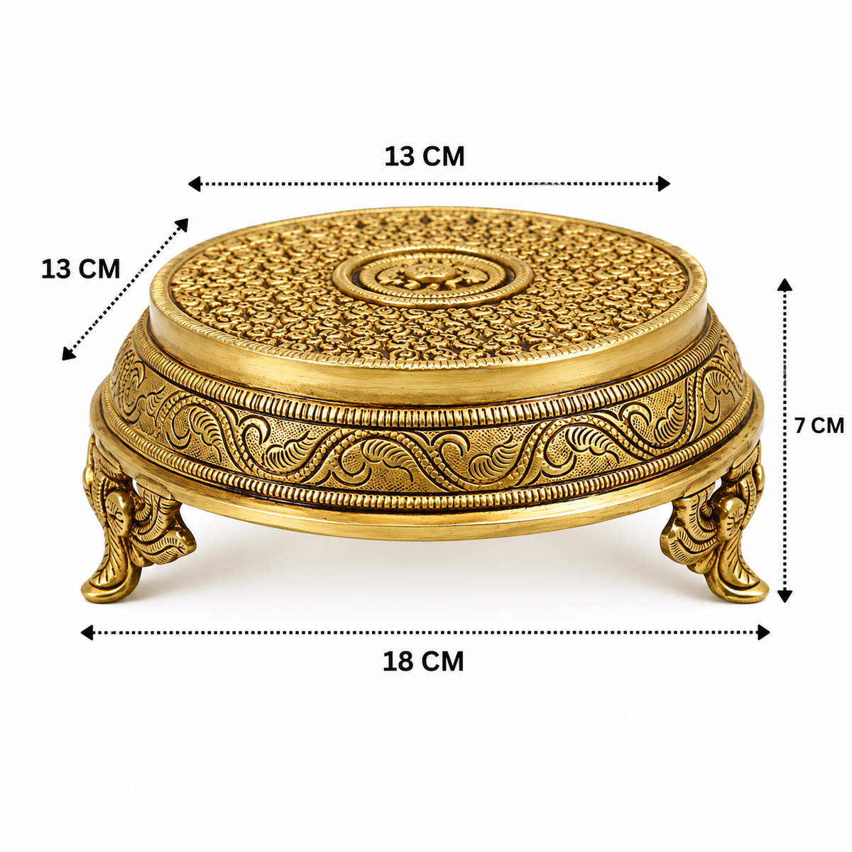 Handcrafted Brass Round Pooja Chowki Bajot – Circular Idol Display Stand for Home Mandir &amp; Puja Setup 3 Inch