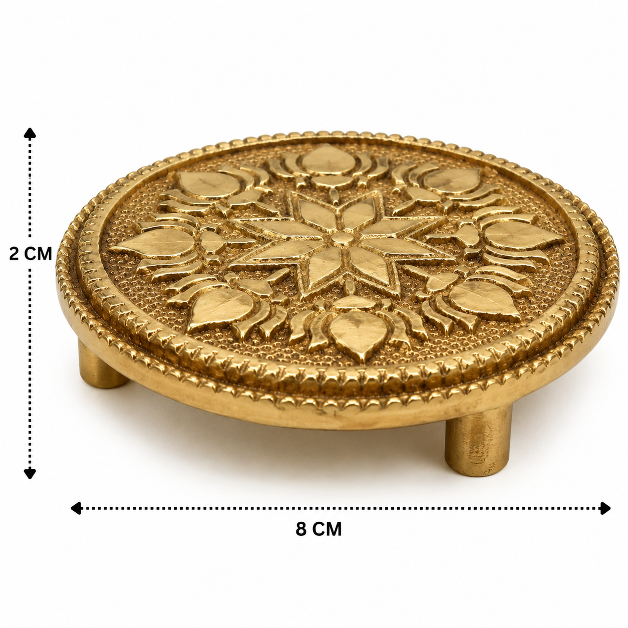 Handcrafted Brass Round Pooja Chowki – Circular Idol Display Stand for Home Mandir &amp; Puja Setup 3 Inch