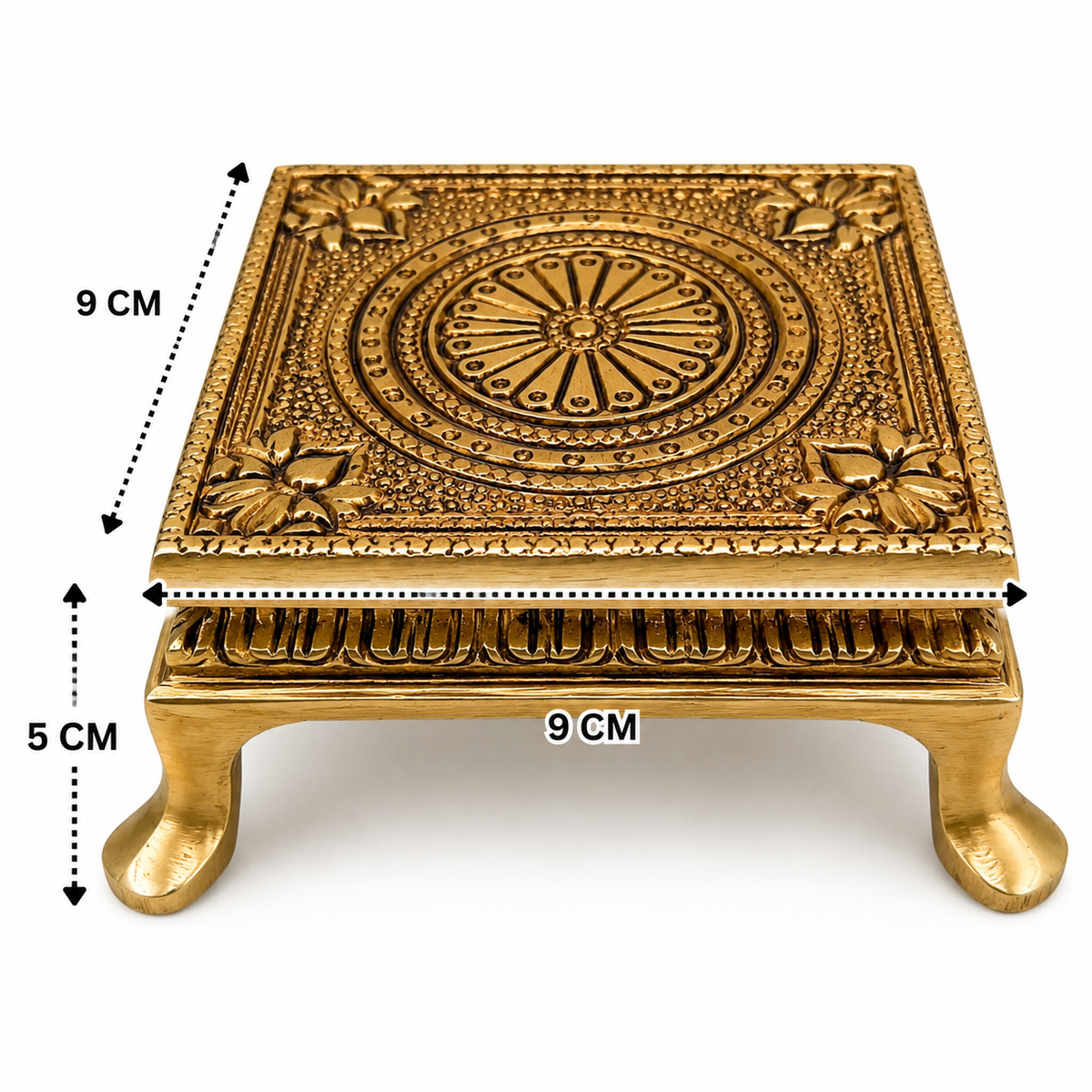 Traditonal Handcrafted Brass Chowki – Traditional Pooja Peetha / Singhasan for Idols, Kalash &amp; Ritual Use 2 Inch