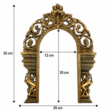Brass Hand-Carved Prabhaval Arch Frame for Deity with Dual Yali – Handcrafted Arch Wall Hanging for Home Temple, Deity Décor &amp; Spiritual Ambience 13 Inch
