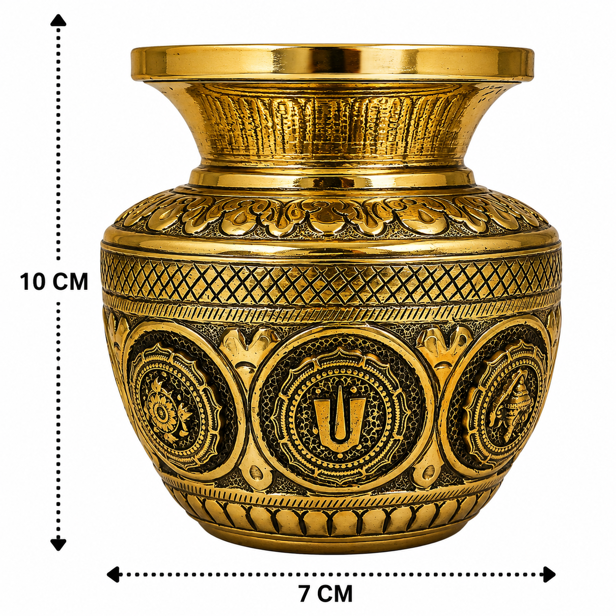 Brass Balaji Kalash Lota with Shankh &amp; Chakra – Peetal Pooja Kalash for Home Mandir, Temple Décor &amp; Spiritual Blessings 4 Inch