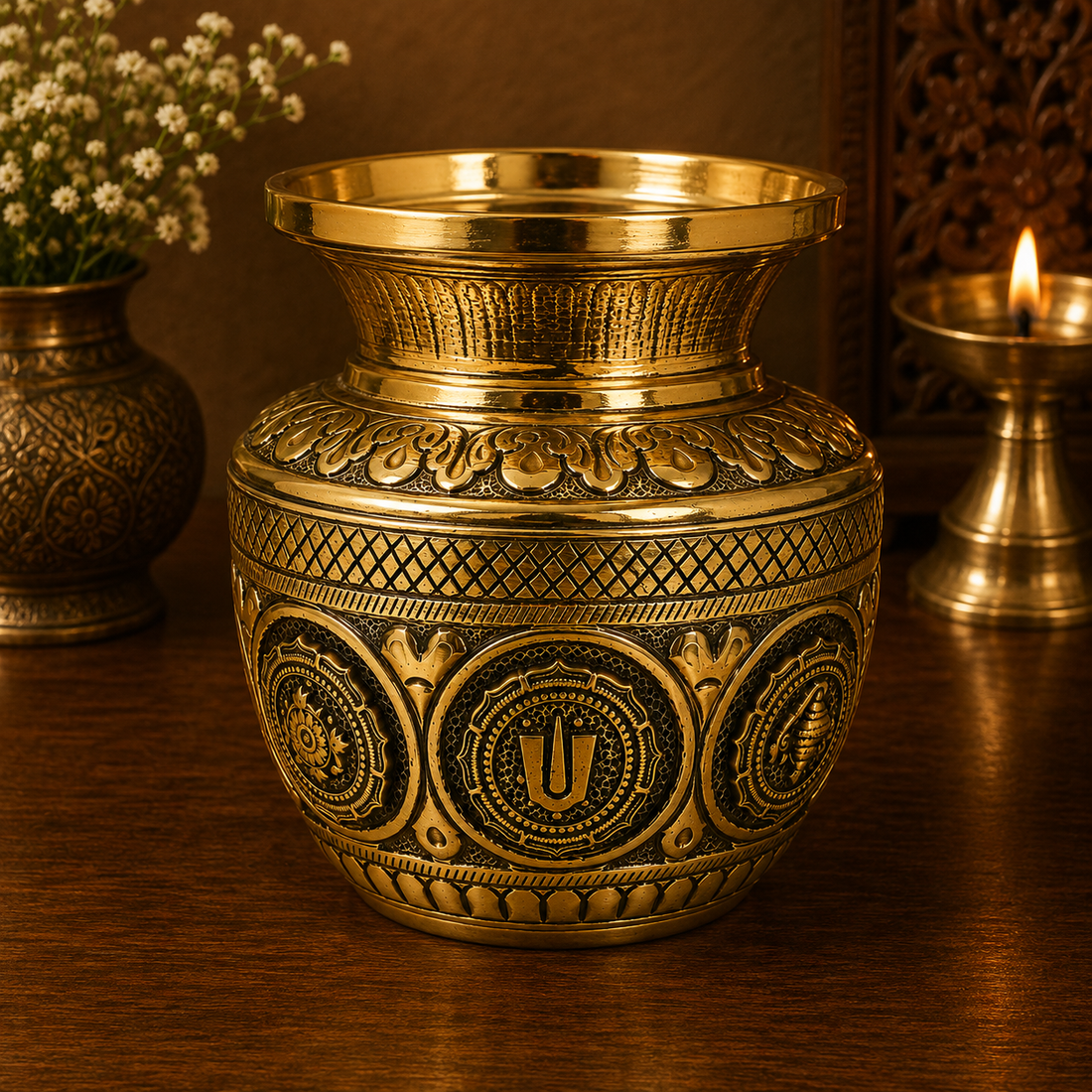 Brass Balaji Kalash Lota with Shankh &amp; Chakra – Peetal Pooja Kalash for Home Mandir, Temple Décor &amp; Spiritual Blessings 4 Inch