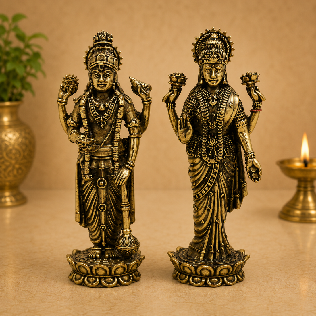Handcrafted Brass Standing Vishnu and Lakshmi Idol – Fine Finish Divine Statue(Lakshmi Narayan Murti) for Puja &amp; Home Mandir 4 Inch