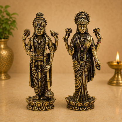 Handcrafted Brass Standing Vishnu and Lakshmi Idol – Fine Finish Divine Statue(Lakshmi Narayan Murti) for Puja &amp; Home Mandir 4 Inch