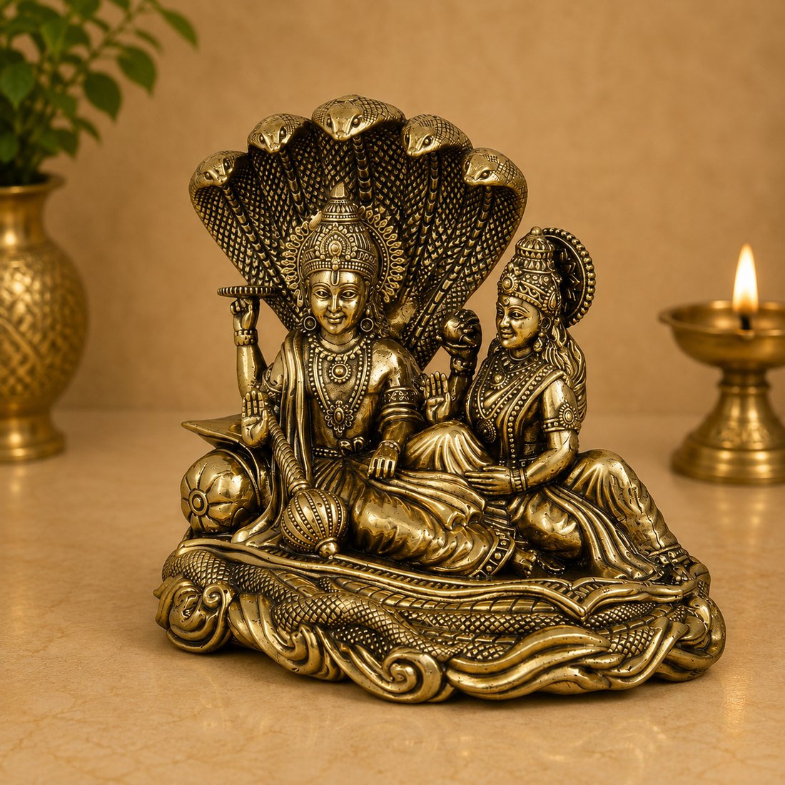 Handcrafted Brass Vishnu and Lakshmi Idol – Fine Finish Divine Statue for Puja &amp; Home Mandir 3 Inch