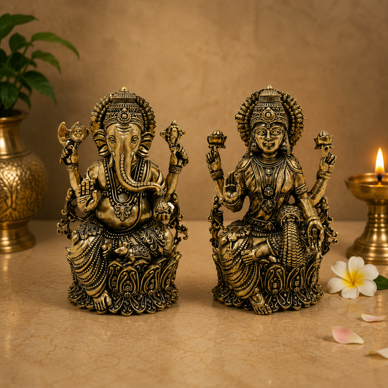 Handcrafted Brass Lakshmi Ganapati Idol – Goddess Lakshmi &amp; Lord Ganesha Murti for Puja, Home Mandir &amp; Spiritual Décor 5 Inch