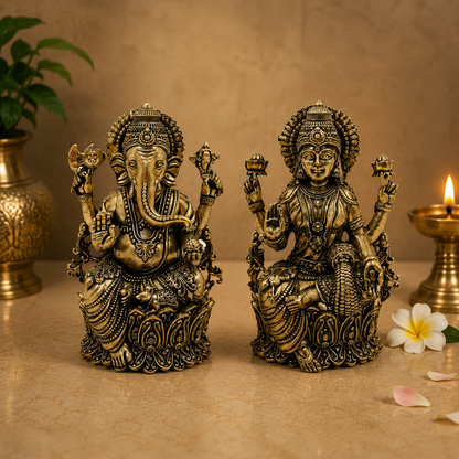 Handcrafted Brass Lakshmi Ganapati Idol – Goddess Lakshmi &amp; Lord Ganesha Murti for Puja, Home Mandir &amp; Spiritual Décor 5 Inch