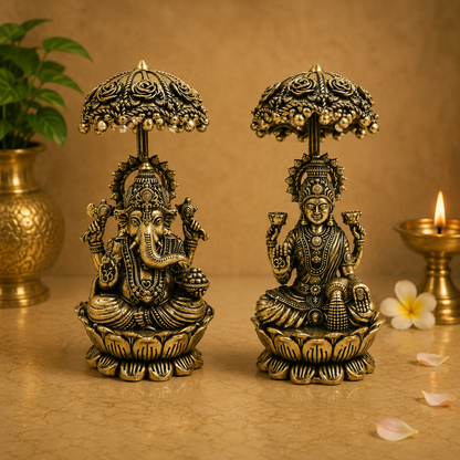 Brass Lakshmi Ganapati Idol – Goddess Lakshmi &amp; Lord Ganesha Murti for Puja, Home Mandir &amp; Spiritual Décor 4.5 Inch