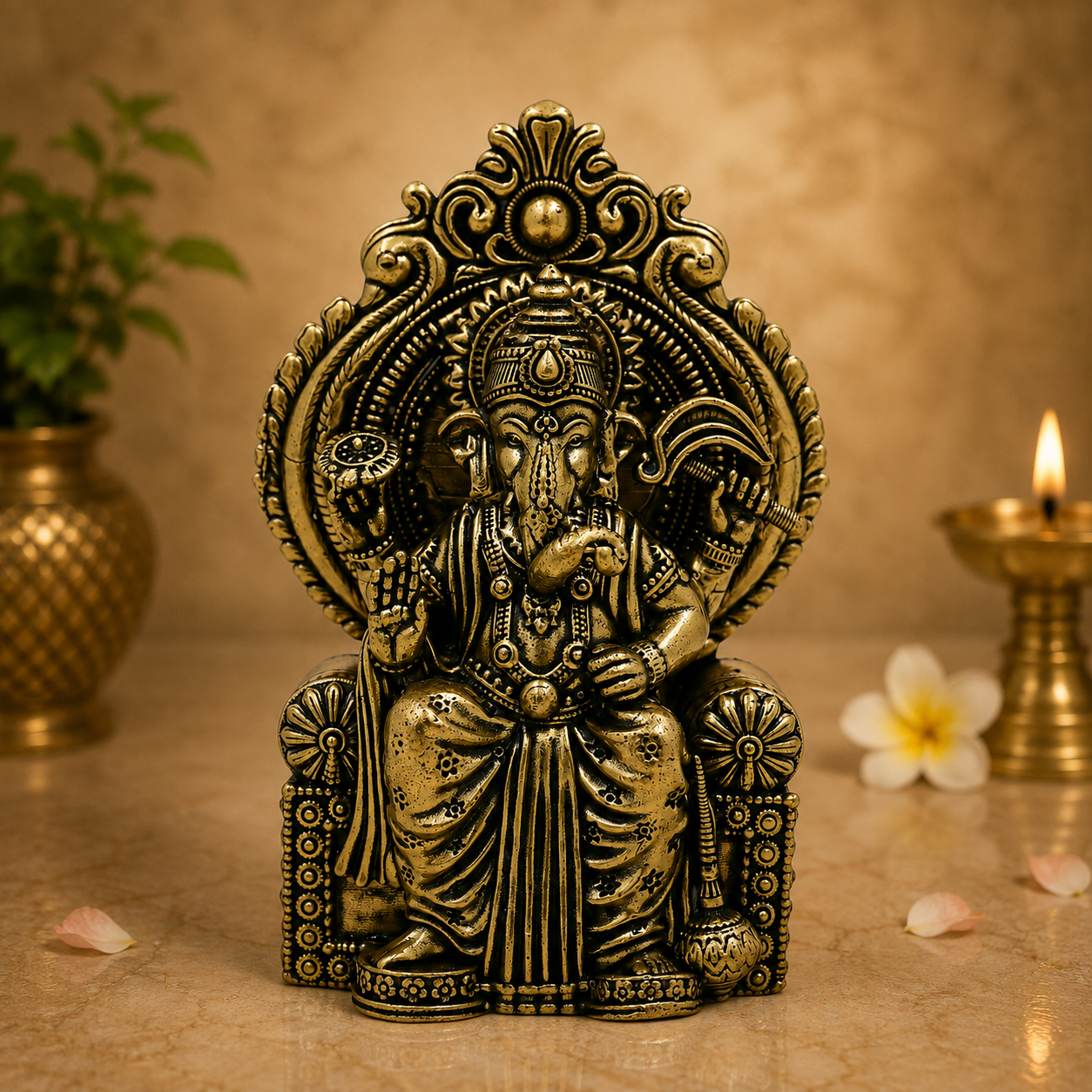 Handcrafted Brass Sitting Ganpati Bappa Idol with Shihashan– Lord Ganesha Murti for Puja, Home Mandir &amp; Décor 6.5 Inch