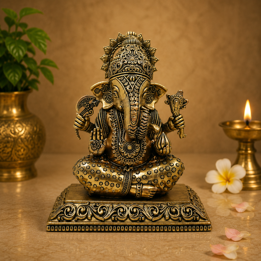 Handcrafted Brass Sitting Ganpati Bappa Idol – Lord Ganesha Murti (Vighnaharta) for Puja, Home Mandir &amp; Décor 6 Inch