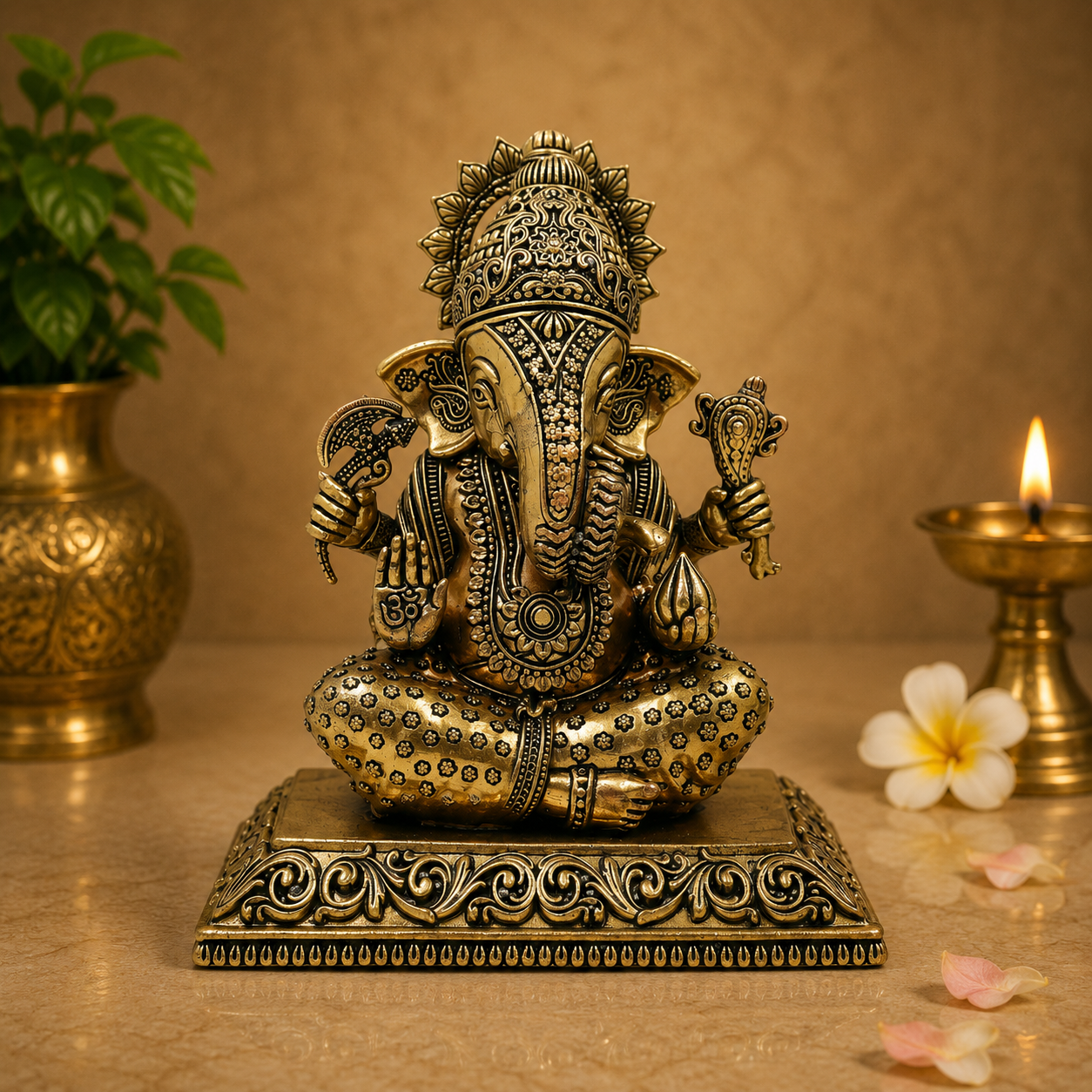 Handcrafted Brass Sitting Ganpati Bappa Idol – Lord Ganesha Murti (Vighnaharta) for Puja, Home Mandir &amp; Décor 6 Inch