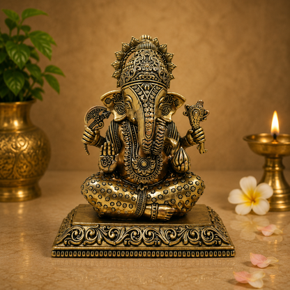 Handcrafted Brass Sitting Ganpati Bappa Idol – Lord Ganesha Murti (Vighnaharta) for Puja, Home Mandir &amp; Décor 6 Inch