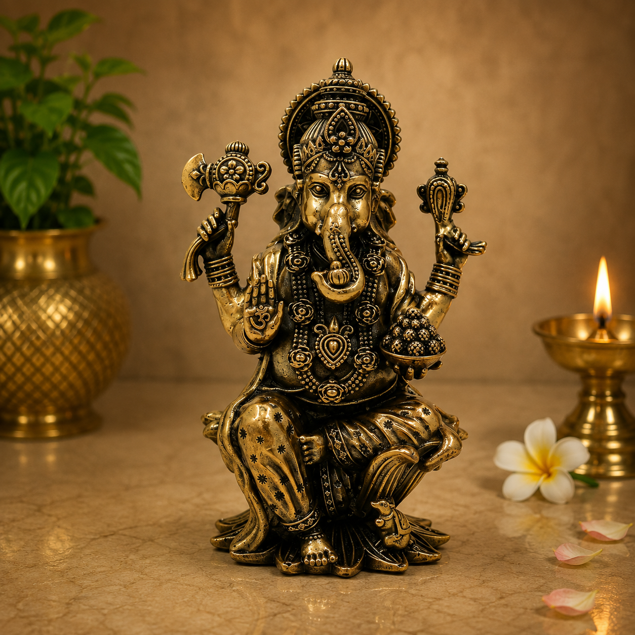 Handcrafted Brass Ganpati Bappa Idol with Mooshak– Lord Ganesha Murti (Vighnaharta) for Puja, Home Mandir &amp; Décor 4 Inch