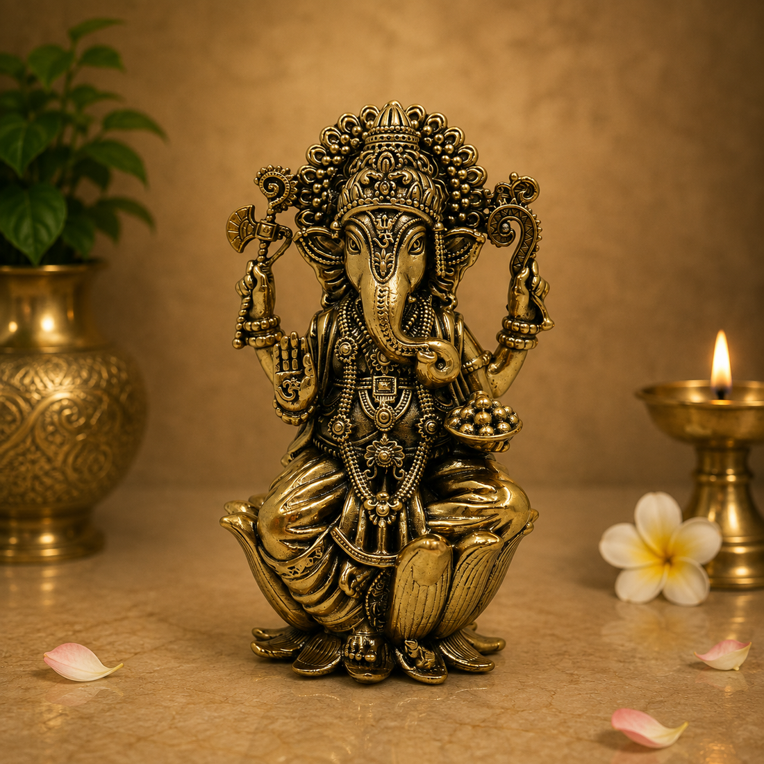 Handcrafted Brass Ganpati Bappa Idol on lotus – Lord Ganesha Murti (Vighnaharta) for Puja, Home Mandir &amp; Décor 4 Inch