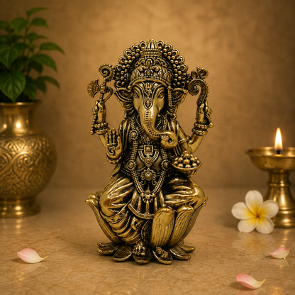 Handcrafted Brass Ganpati Bappa Idol on lotus – Lord Ganesha Murti (Vighnaharta) for Puja, Home Mandir &amp; Décor 4 Inch