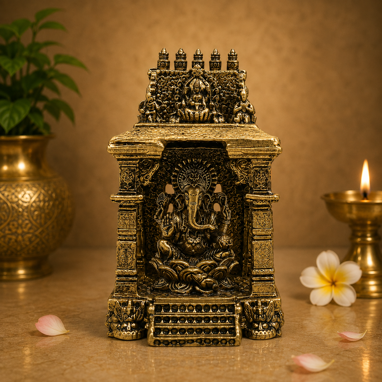 Handcrafted Brass Ganpati Bappa Idol with Temple – Lord Ganesha Murti (Vighnaharta) for Puja, Home Mandir &amp; Décor 3 Inch