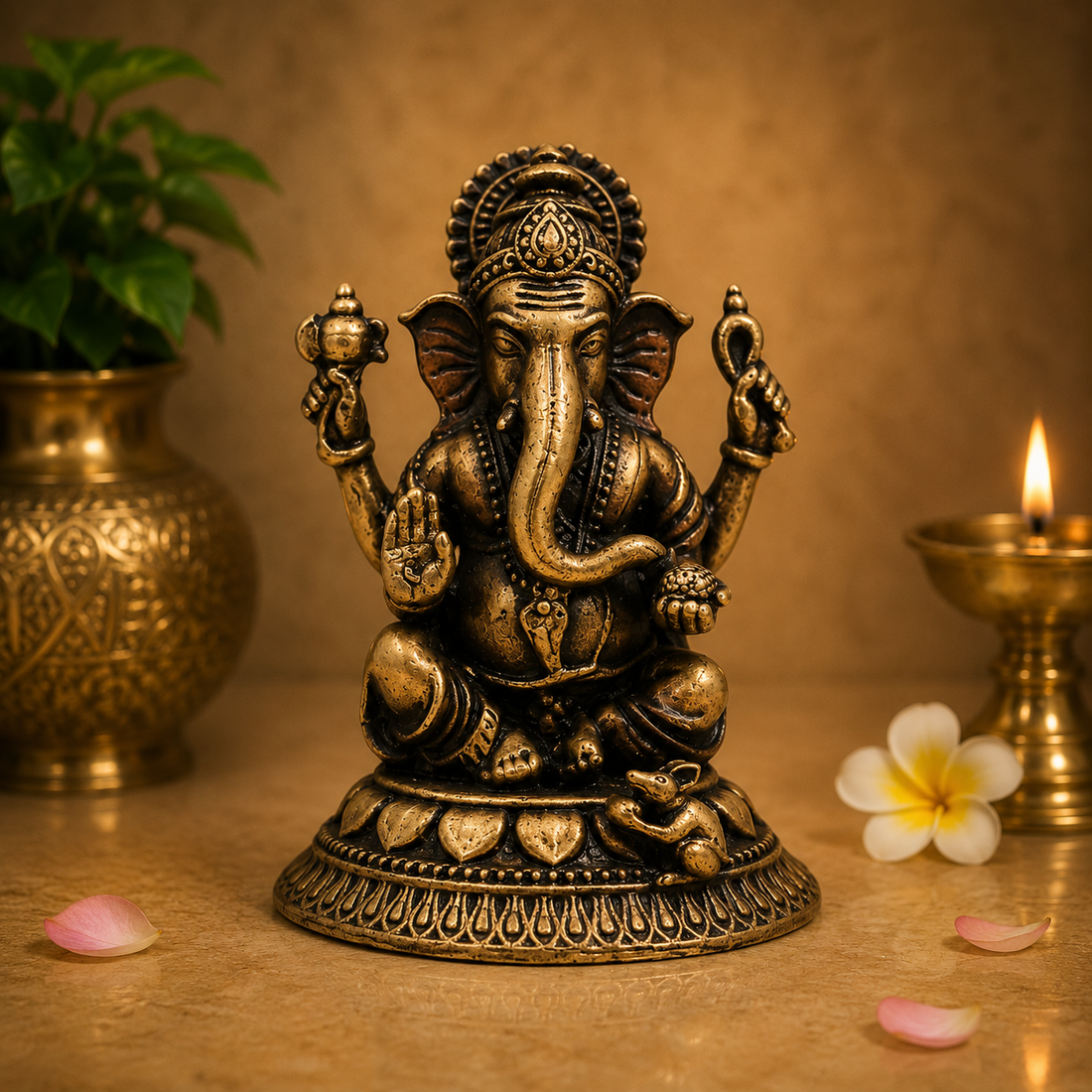 Handcrafted Brass Ganpati Bappa Idol – Lord Ganesha Murti (Siddhivinayak, Vighnaharta) for Puja, Home Mandir &amp; Décor 2 Inch