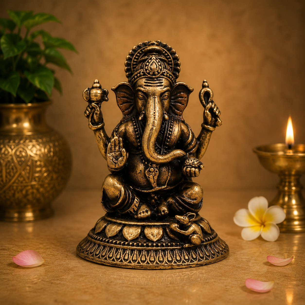 Handcrafted Brass Ganpati Bappa Idol – Lord Ganesha Murti (Siddhivinayak, Vighnaharta) for Puja, Home Mandir &amp; Décor 2 Inch
