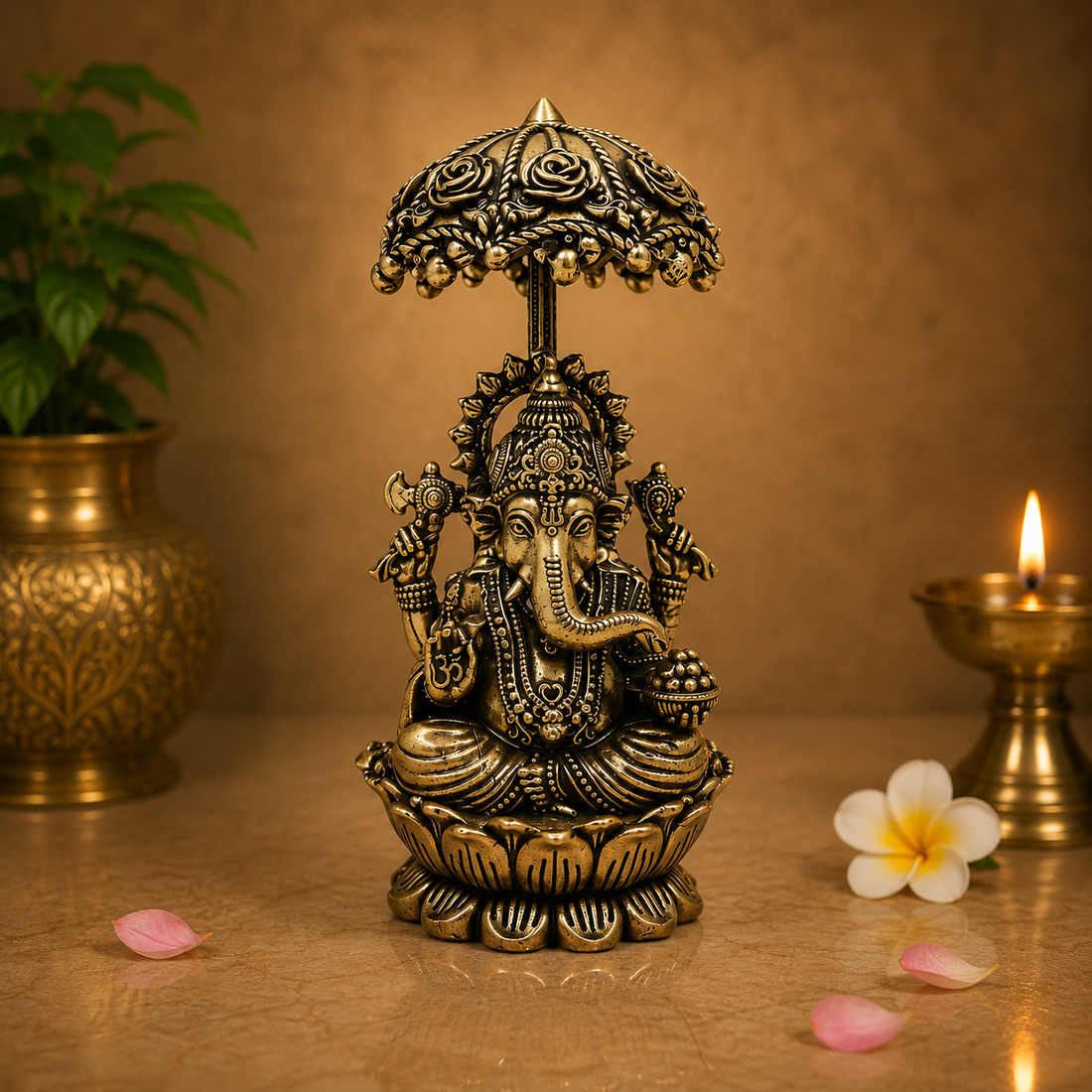 Handcrafted Brass Ganpati Bappa Idol with Umbrella – Lord Ganesha Murti (Vinayaka, Siddhivinayak, Vighnaharta) for Puja, Home Mandir &amp; Décor 4.5 Inch