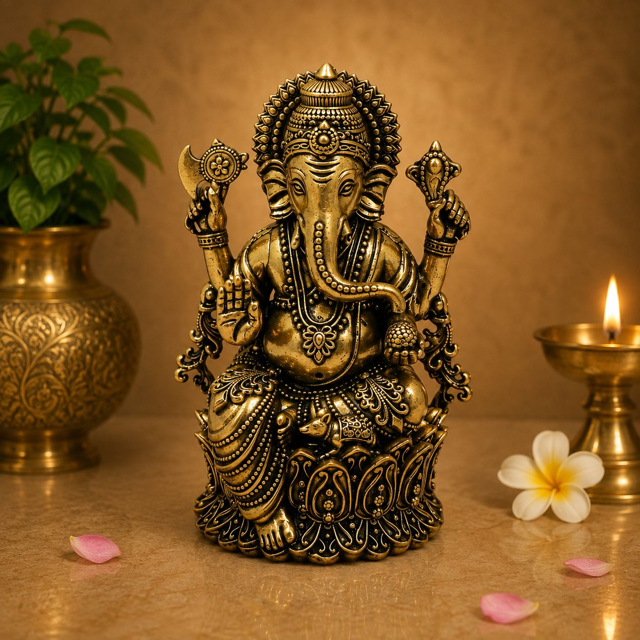 Brass Ganpati Bappa Idol – Lord Ganesha Murti (Vinayaka, Siddhivinayak, Vighnaharta) for Puja, Home Mandir &amp; Décor 5 Inch